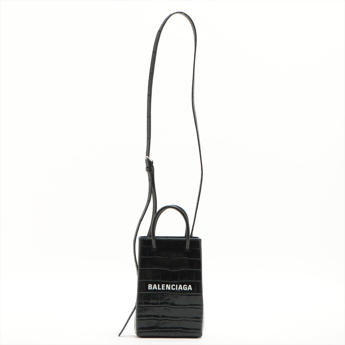 Balenciaga Shopping Phone Holder Croc Embossed Crossbody Black